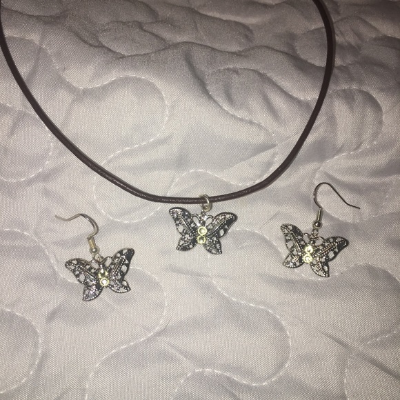 Necklace & earring set silver butterflies leather - Picture 1 of 4